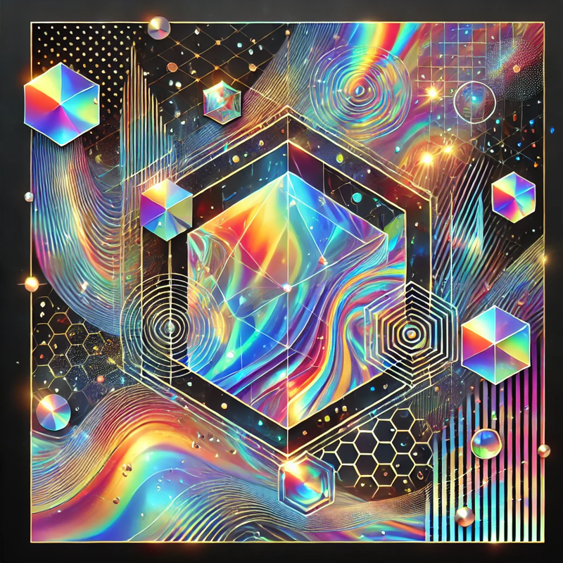 DALL·E 2024-07-23 03.42.38 - An abstract digital art piece featuring iridescent and opalescent geometric patterns. The artwork should include various shapes like triangles, circle.webp